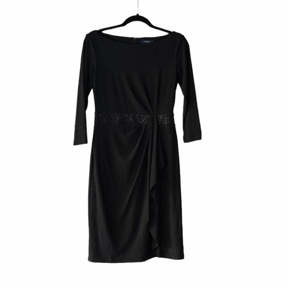 Chaps Little Black Form Fitting Dress With Sequin Belt Drapey Detail Size Small - Picture 3 of 16